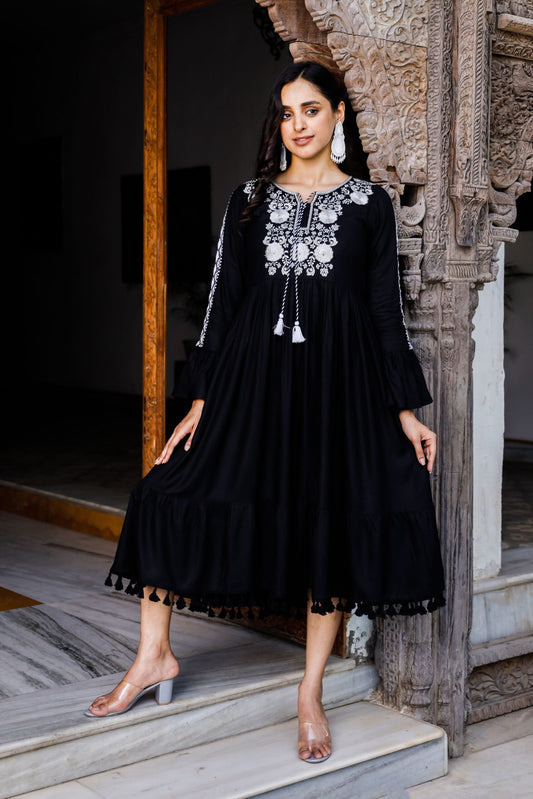 Black Embroidered Midi Dress