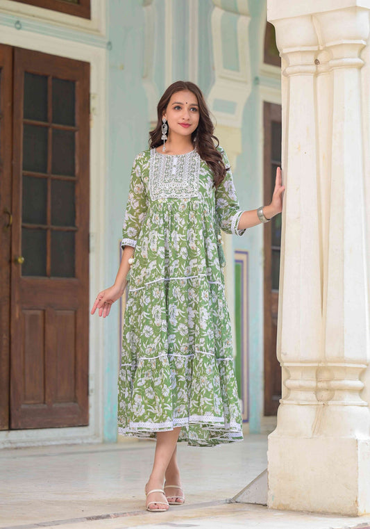 Baani Green Midi Flared Dress