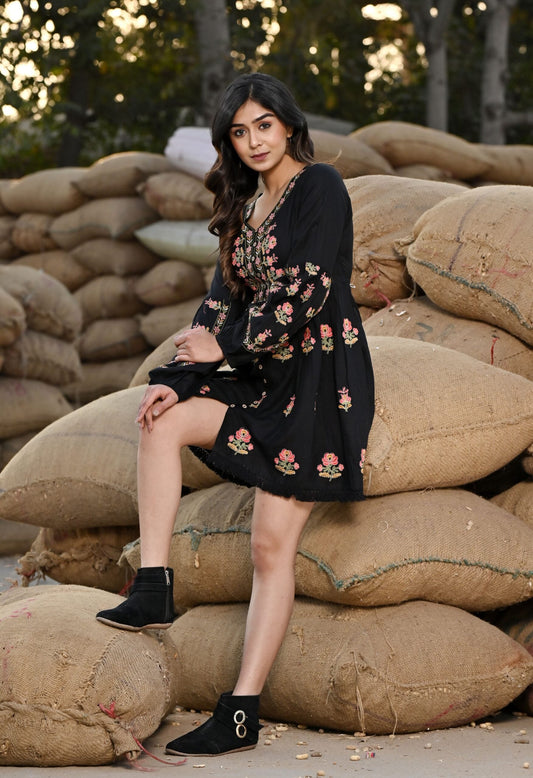 Blake Black embroidered flared dress