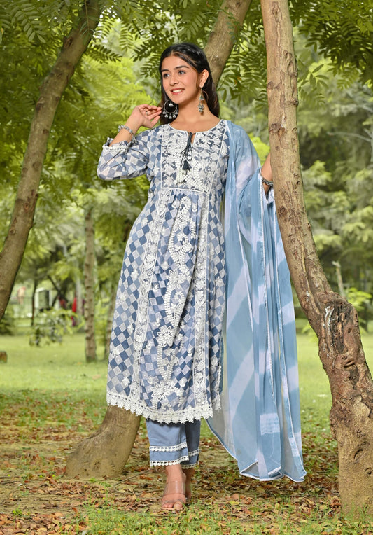 Advika Turquoise Chikankari Mul Side Slit Kurta with Pant