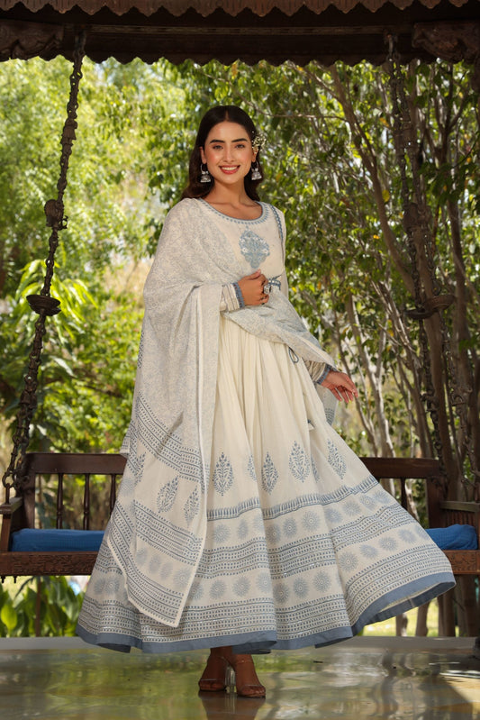 Blue Jay Block Printed Anarkali With Dupatta