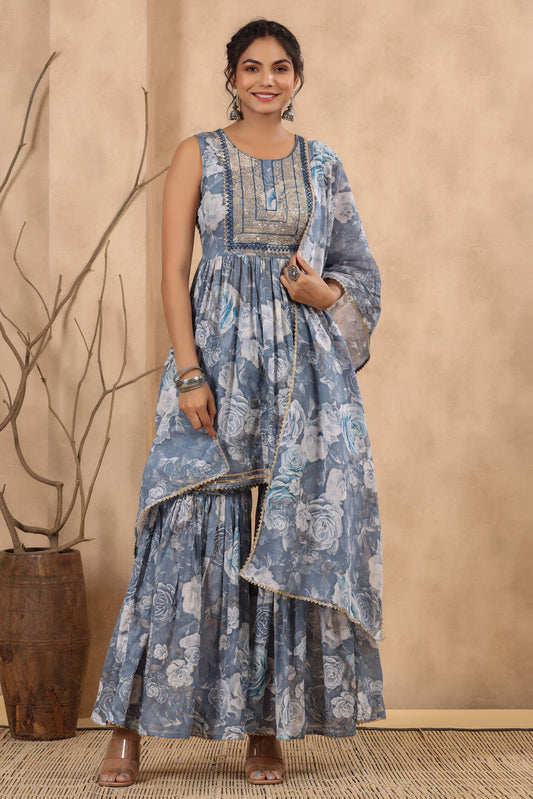 Blue Cotton Mulmul Sharara set