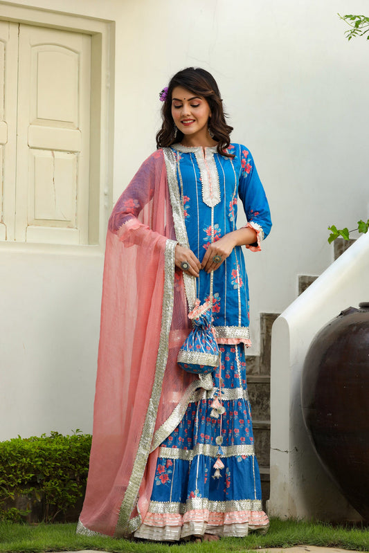 Blossomy Kurta Sharara Set with Potli